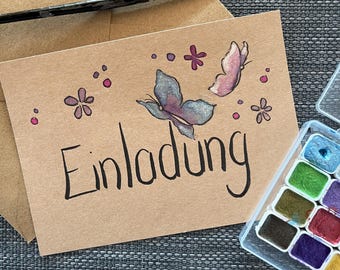 Butterfly invitation card | Teen | Child | Birthday | personalizable | hand-painted | A6 | with envelope