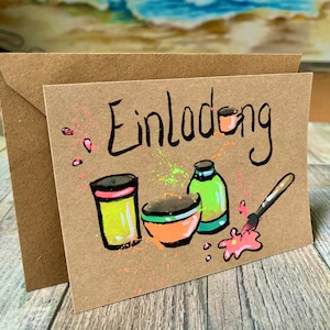 Einladung Töpferparty für Kindergeburtstag, Party in DinA6, personalisierbar, handgemalt mit Briefumschlag, Neonfarben