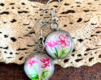 Earrings with flowers, hand-painted