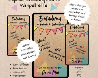 Invitation children's birthday party digital pennant chain