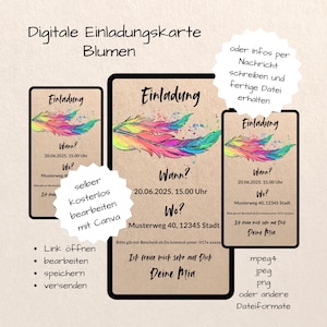 Könnte beinhalten: Digitale Einladungskarte mit floralem Design. Die Karte zeigt bunte Federillustrationen und Eventdetails: Datum, Uhrzeit und Ort. Enthält Text auf Deutsch und Optionen zum Bearbeiten und Senden der Einladung.
