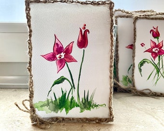 hand-painted watercolor card / picture "red flower", unique, no print