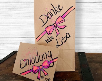 Children's birthday invitation card | Bow | A6 | with envelope | Gift bag | Party favors | Personalizable | Hand-painted