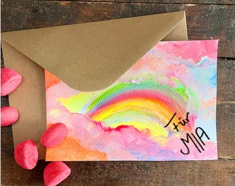 Birthday card rainbow, hand-painted, personalized, neon colors glow in black light, no print, original