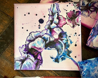 Canvas with magical flowers, acrylic paint, pouring