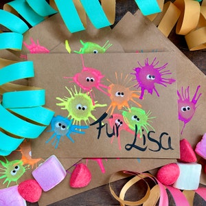 Tarjeta de invitación de cumpleaños infantil monstruo, invitación pintada a mano, personalizable