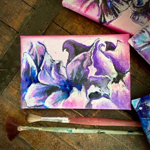 Canvas with magical flowers, acrylic paint, pouring