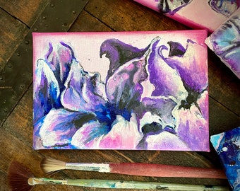 Canvas with magical flowers, acrylic paint, pouring