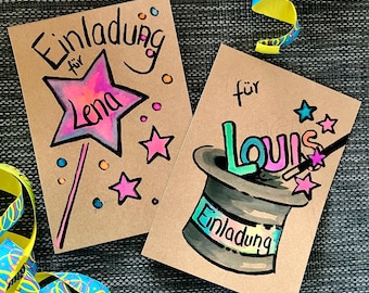 Children's birthday invitation card | Wizard | DinA6 | personalizable | hand-painted | with envelopes | girl | boy