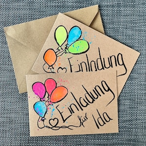 Carte d'invitation anniversaire enfant ballons, personnalisable, peinte à la main