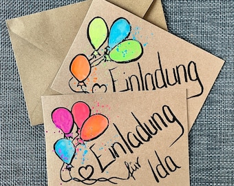 Children's birthday invitation card | Balloons | A6 | personalizable | hand-painted | with envelope | girl | boy