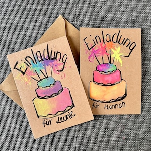 Carte d'invitation gâteau d'anniversaire enfant, personnalisable, peinte à la main