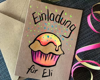 Children's birthday invitation | muffin | cupcake | personalizable | hand-painted | A6 | with envelope