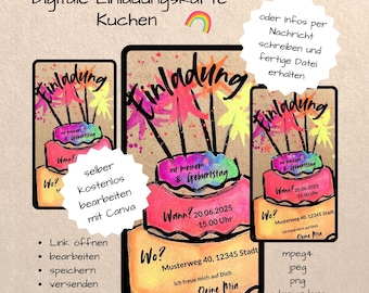 Digital invitation card for children's birthdays | Cake | Birthday cake | File | Download | Customizable Canva template