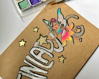 Children's birthday invitation with fairy/elf design in A6 format with envelope, hand-painted original, customizable with name
