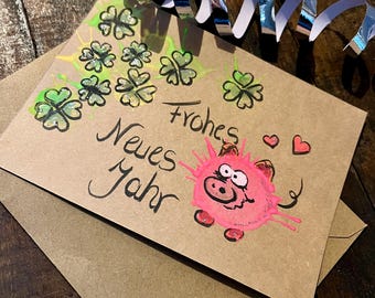 New Year's card lucky pig, personalizable, hand-painted