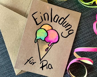 Children's birthday party invitation | Ice cream | Colorful | Personalized | Hand-painted | A6 size | With envelope