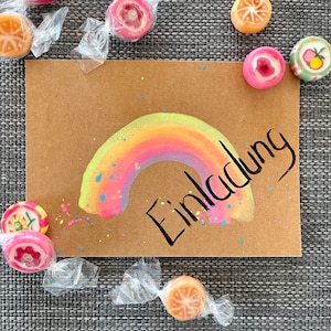 Einladungskarte Kindergeburtstag Regenbogen,personalisierbar, handgemalt