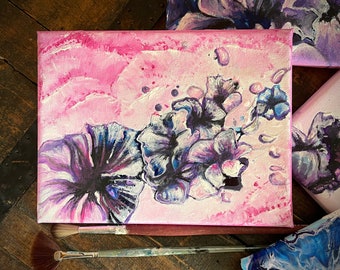 Canvas with magical flowers, acrylic paint, pouring
