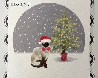 Pack of 5 Siamese Cat Christmas Cards.  3 Background Designs and Cat Accessories to choose from.