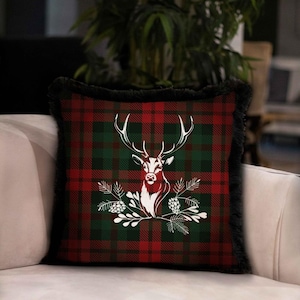 Christmas Reindeer & New Year Pattern Velvet Pillow with Tassels | 45x45 cm Holiday Decorative Cushion