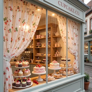 May include: A bakery window display with the sign "Cupcake Co." Various cupcakes and cakes are presented on white cake stands. The curtains are white with a strawberry pattern. The overall color scheme is soft and inviting, typical of a traditional bakery.