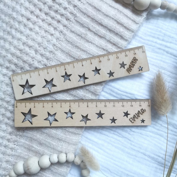 Personalisiertes Holz Lineal 15 cm Schulkind Einschulung Birkenholz mit Sternen