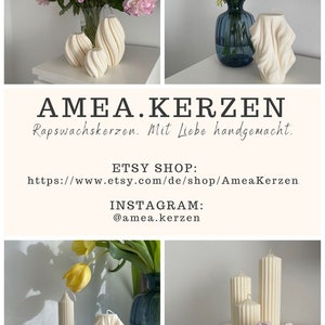 May include: A collection of off-white wax candles in various sculptural shapes, including twisted, ribbed, and bubble designs. The image features text reading AMEA.KERZEN, Rapswachskerzen. Mit Liebe handgemacht, Etsy Shop, and Instagram @amea.kerzen.