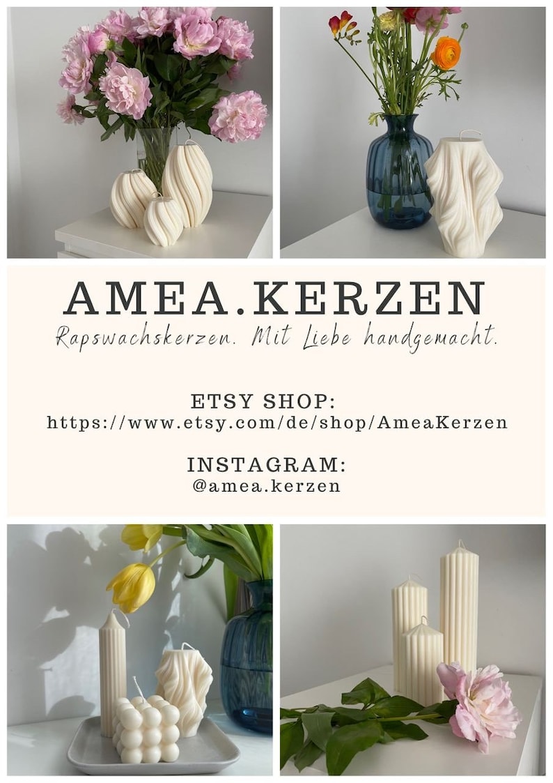May include: A collection of off-white wax candles in various sculptural shapes, including twisted, ribbed, and bubble designs. The image features text reading AMEA.KERZEN, Rapswachskerzen. Mit Liebe handgemacht, Etsy Shop, and Instagram @amea.kerzen.