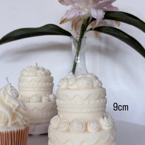 May include: Two off-white, two-tiered cake-shaped candles featuring intricate piped rose details, scalloped borders, and textured bead patterns. Each candle stands 9cm tall and includes a single centered wick at the top of the floral decoration.