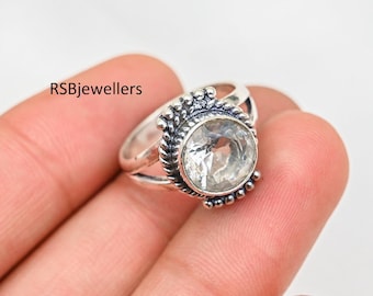 Handmade Sterling Silver Crystal Ring, Round Gemstone Statement Jewelry