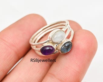 Beautiful Labradorite, Moonstone, Amethyst Ring, 925 Sterling Silver Ring, Handmade Ring, Statement Ring, Anxiety Ring, Woman Ring