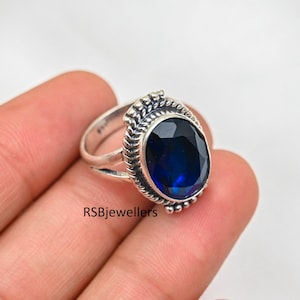 Solid 925 Sterling Silver Ring, Handmade Ring, Blue Sapphire Gemstone, Statement Ring, Anxiety Ring, Woman Ring, Gift For Her
