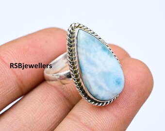 Handmade Pear Larimar Ring, 925 Sterling Silver, Statement Ring