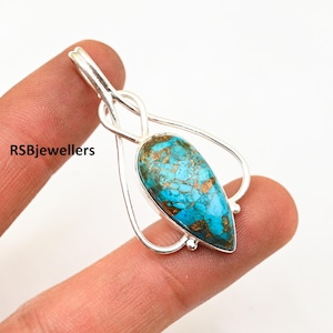 Handmade Pendant, 925 Sterling Silver Jewelry, Blue Copper Turquoise Pendant, Anniversary Gift Pendant, Birthday Pendant, Valentine Pendant