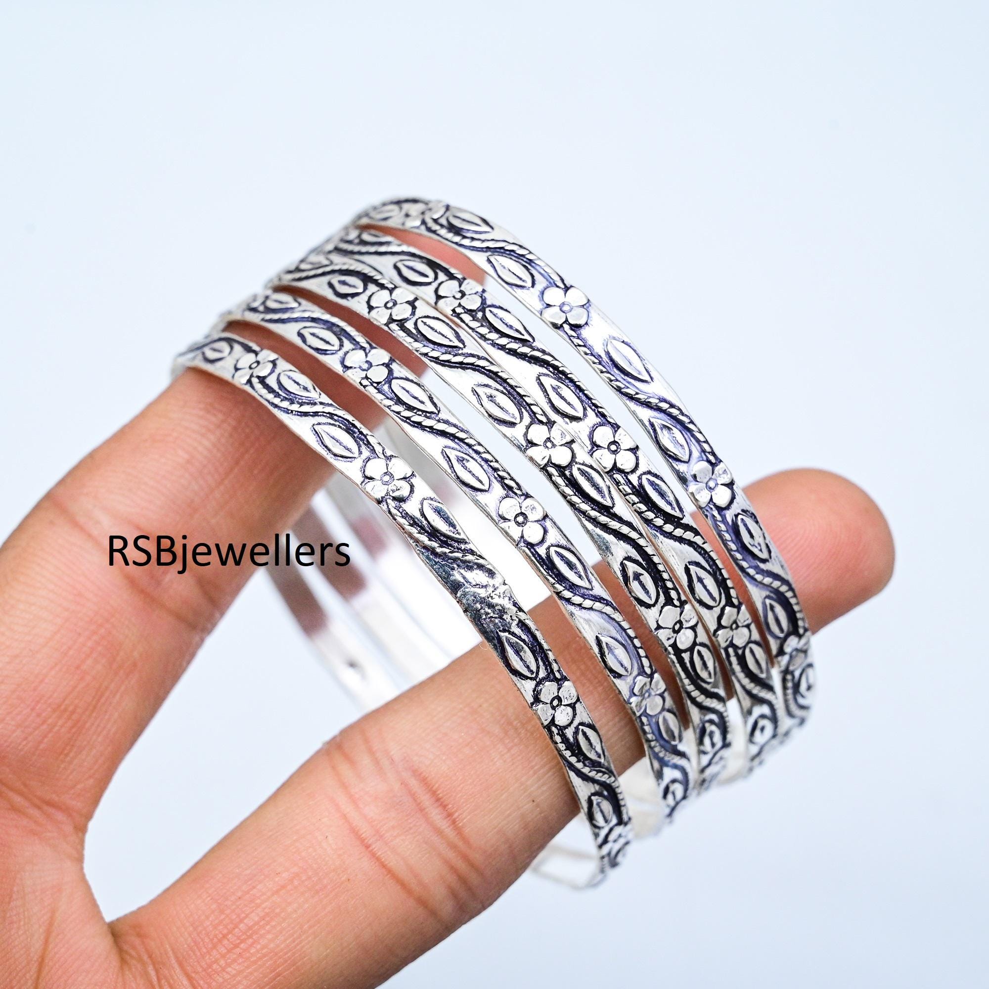 Handmade Sterling Silver Bangle Set, Floral Etched Bangles - Etsy