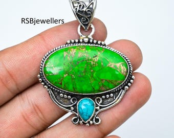 Handmade Sterling Silver Green Copper Turquoise Pendant