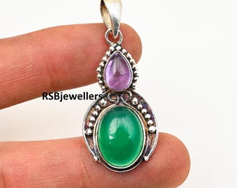 Handmade Sterling Silver Green Onyx Amethyst Pendant