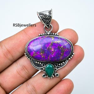 Handmade Sterling Silver Purple Copper Turquoise Pendant, Emerald Accent