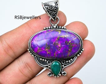 Handmade Sterling Silver Purple Copper Turquoise Pendant, Emerald Accent