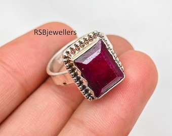 Handgemaakte rechthoekige robijnring, 925 sterlingzilveren statementring