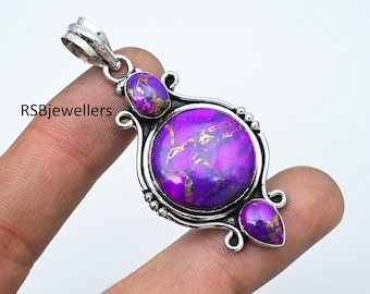 Handmade Purple Copper Turquoise 925 Sterling Silver Pendant