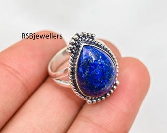 Handmade Pear Lapis Lazuli Ring, 925 Sterling Silver Statement Ring