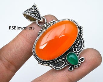 Carnelian Gemstone Pendant, 925 Silver Pendant, Handmade Pendant, Green Onyx Pendant, Gemstone Pendant, Stylish Pendant, Gift For Her