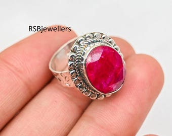Massieve 925 sterlingzilveren ring, statementring, robijnrode edelsteenring, handgemaakte ring, mooie ring, vrouwenring, cadeau voor haar