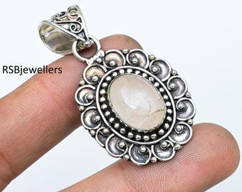 Handmade Rose Quartz Sterling Silver Pendant, Boho Necklace