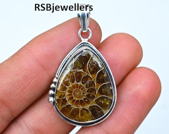 May include: A teardrop-shaped pendant with a fossilized ammonite encased in clear resin, set in a silver-toned frame. The ammonite displays a detailed spiral pattern in shades of brown and tan. The pendant has a loop for a chain and the text "RSBjewellers".