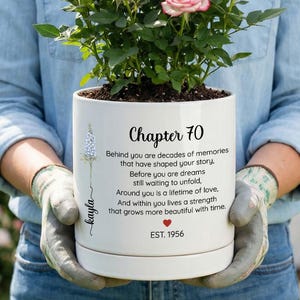 Personalized Birth Flower Plant Pot, 70th Birthday Ceramic Plant Pot Gift, Custom Name Chapter 70 Planter, 70th Birthday Gift For Women
