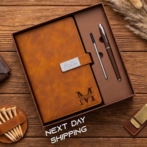 Custom Engraved Notebook With Pen, Leather Notebook Set, End Of Year Thank You Gift, Matching Pen, Custom Graduation Gifts, New Job Present