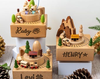 Musical Wooden Train Bears Baloons, Engraved Name Music Box, Personalized Wooden Train Music Box, Baby Shower Gift, Newborn Gifts